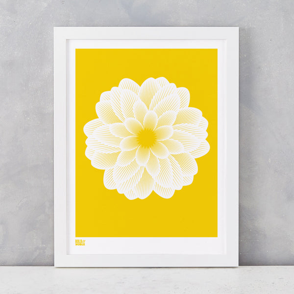 Dahlia Peony screen print in bright yellow, recycled card, delivered worldwide
