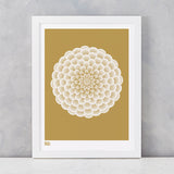 Dahlia Peony screen printed on recycled card, in bronze, delivered worldwide