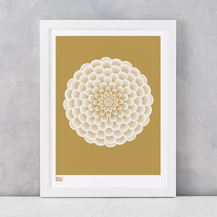 Dahlia Peony screen printed on recycled card, in bronze, delivered worldwide