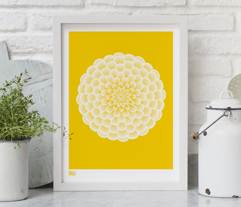 Pictures and Wall Art, Screen Printed Dahlia Pompon in Bright Yellow