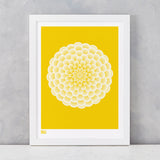 Dahlia Peony screen printed on recycled card, in bright yellow, delivered worldwide