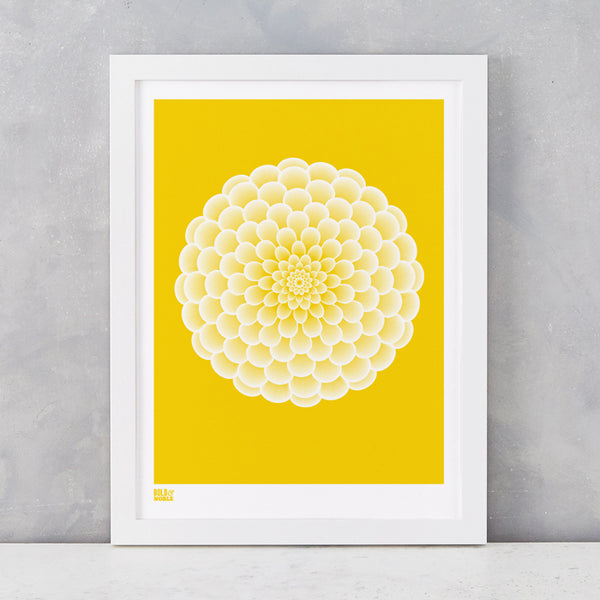 Dahlia Peony screen printed on recycled card, in bright yellow, delivered worldwide