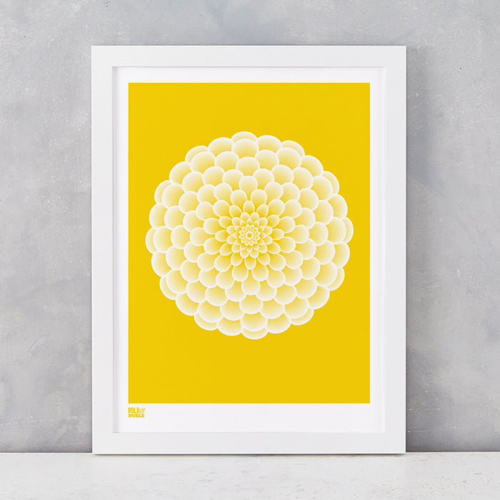 Dahlia Peony screen printed on recycled card, in bright yellow, delivered worldwide