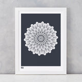 Dahlia Waterlily screen printed on recycled card, in sheer slate, delivered worldwide