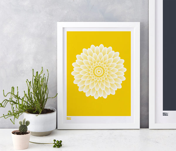 Pictures and Wall Art, Screen Printed Dahlia Waterlily in Bright Yellow