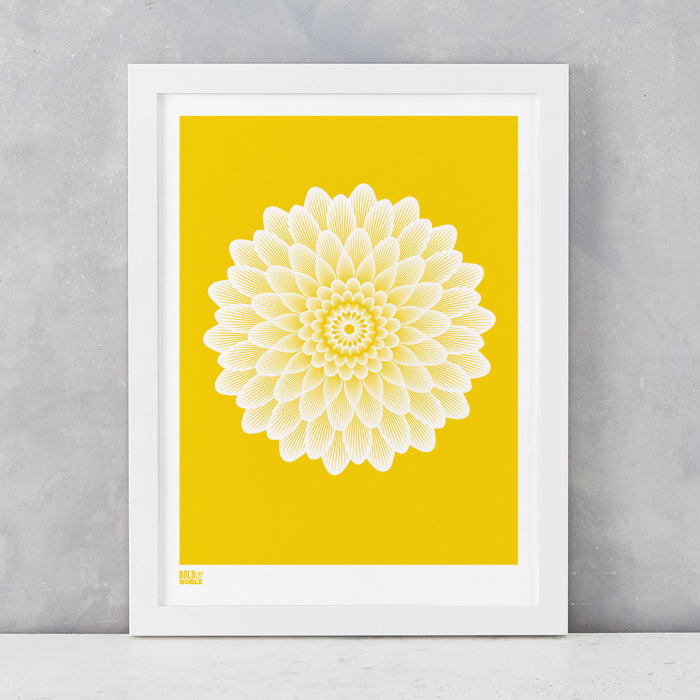Dahlia Waterlily screen printed on recycled card, in bright yellow, delivered worldwide