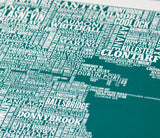Close up of Dublin Type Map in Emerald Green, screen printed poster