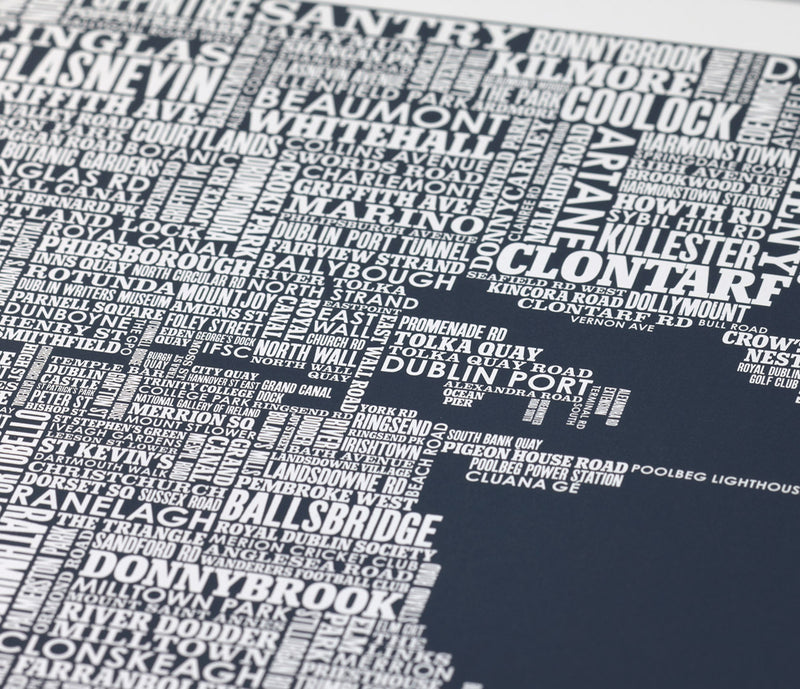 Close up of Dublin Type Map in Sheer Slate, screen printed poster
