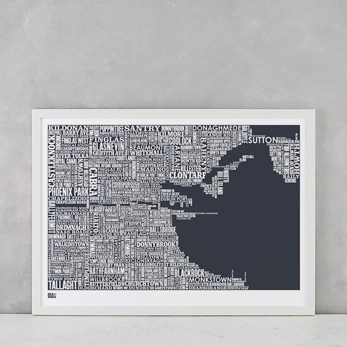 Dublin Type Map in Sheer Slate, screen printed on recycled card, delivered worldwide