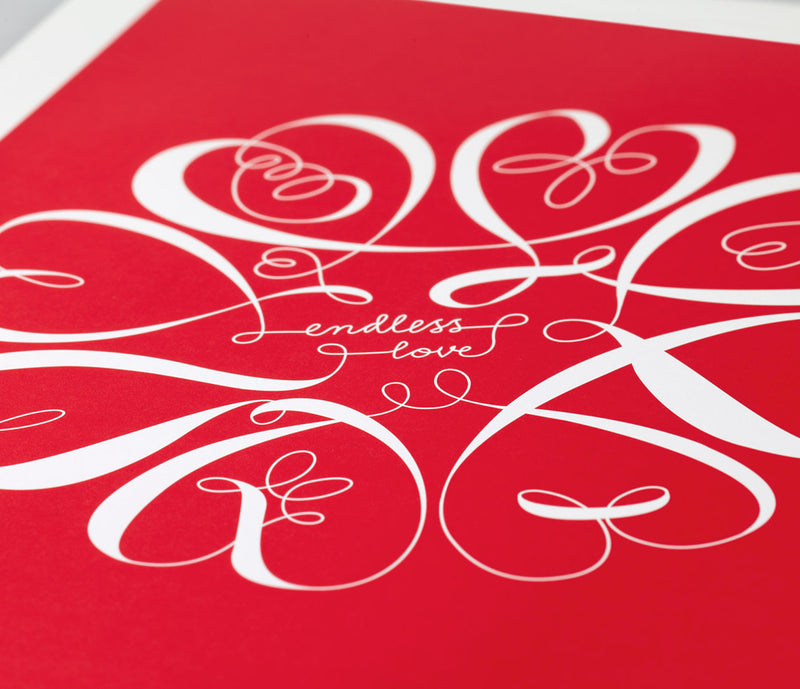 Close up of Endless Love screen printed poster in poppy red
