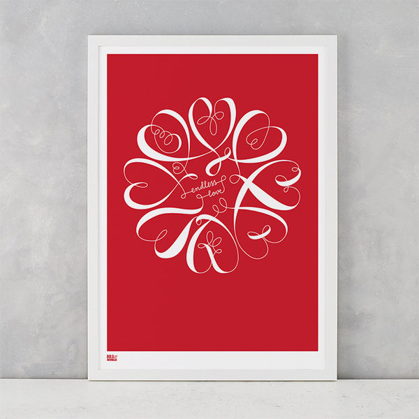 Endless Love in Poppy Red, screen printed on recycled card, delivered worldwide