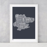 Essex Type Map in sheer slate, printed on recycled card, delivered worldwide