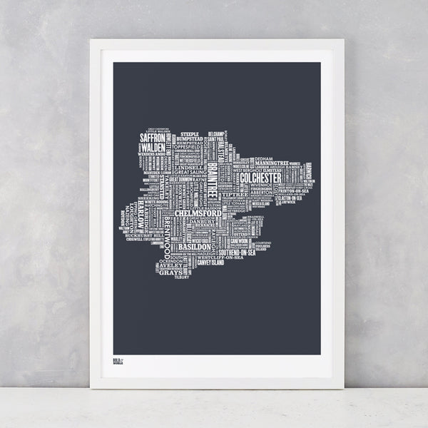 Essex Type Map in sheer slate, printed on recycled card, delivered worldwide
