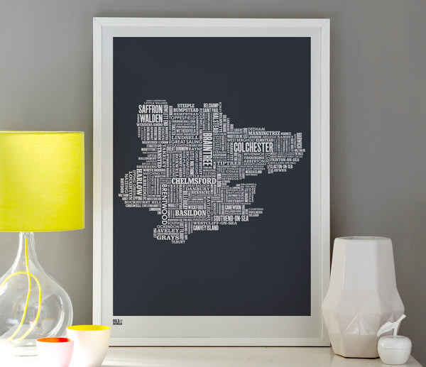 Wall Art ideas: Economical Screen Prints, Essex Type Map Word Print in sheer slate
