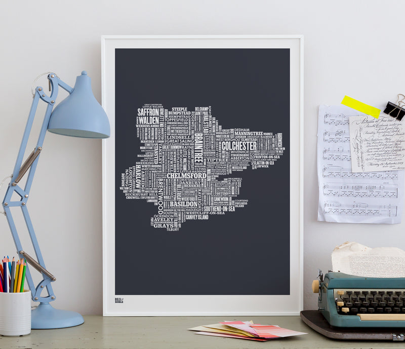 Pictures and Wall Art, Screen Printed Essex Type Map in sheer slate