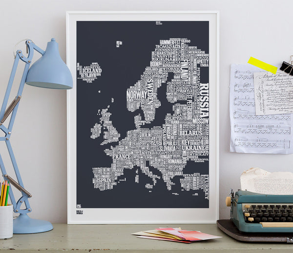 Wall Art ideas: Economical Screen Prints, Europe Type Map in sheer slate