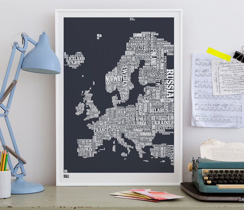 Wall Art ideas: Economical Screen Prints, Europe Type Map in sheer slate