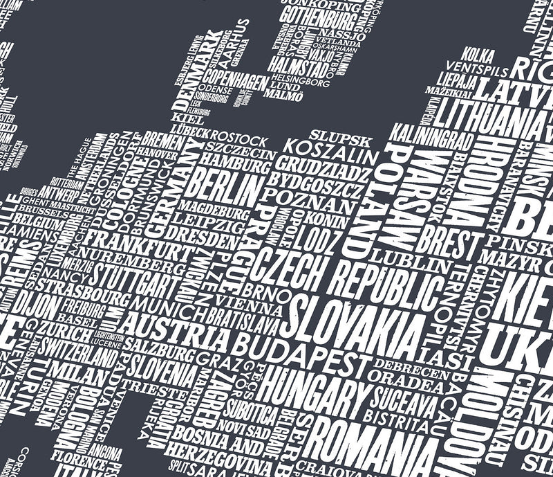Close up of Europe Type Map in Sheer Slate, screen printed poster