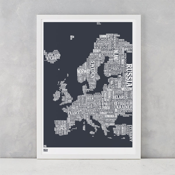 Europe Type Map in sheer slate, printed on recycled card, delivered worldwide
