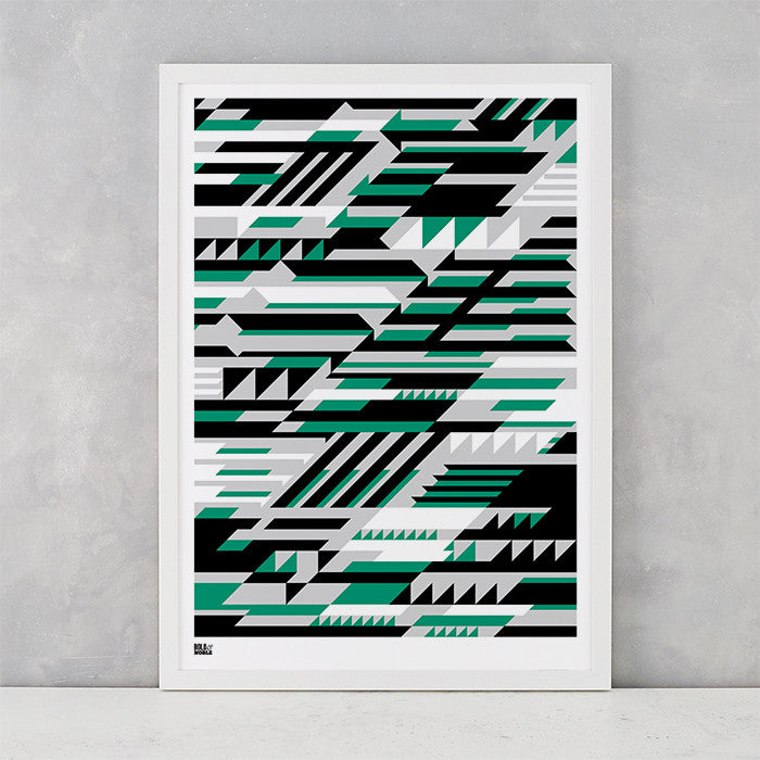 Geometric Faster Screen Print in green black and grey, printed on recycled card, delivered worldwide