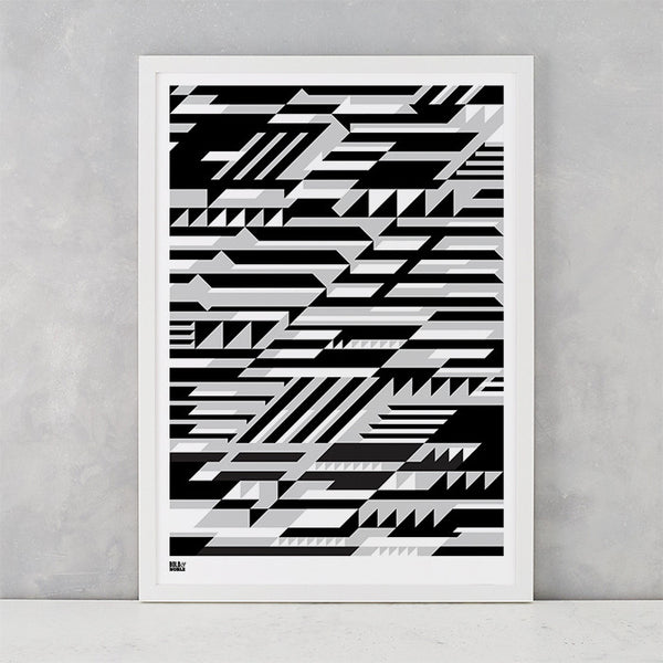 Geometric Faster Screen Print in black and grey, printed on recycled card, delivered worldwide