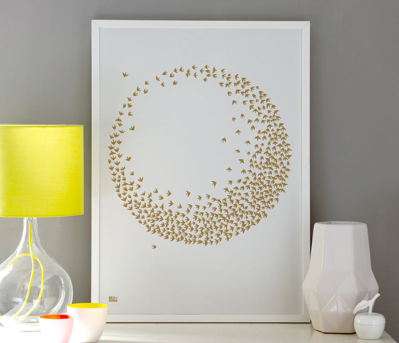 Pictures and Wall Art, Screen Printed Flocking Birds in Bronze
