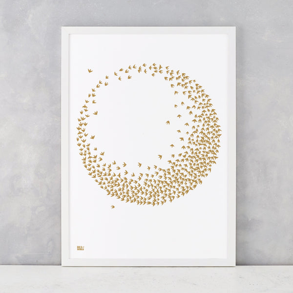 Flocking Birds circular pattern in bronze, screen printed on recycled card, delivered worldwide