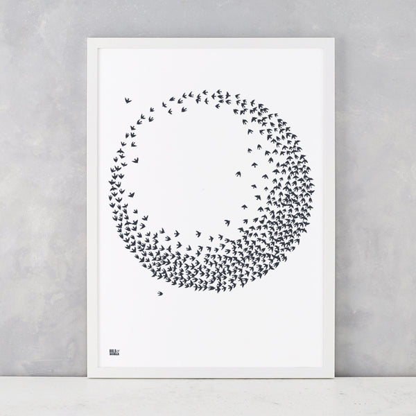 Flocking Birds circular pattern in sheer slate, screen printed on recycled card, delivered worldwide