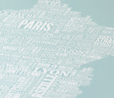 Close up of France Type Map in Duck Egg Blue, screen printed poster