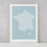 France Type Map in Duck Egg Blue, screen printed on recycled card, delivered worldwide