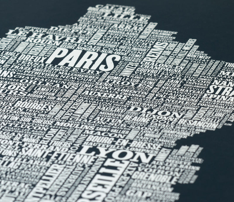 Close up of France Type Map in Sheer Slate, screen printed poster