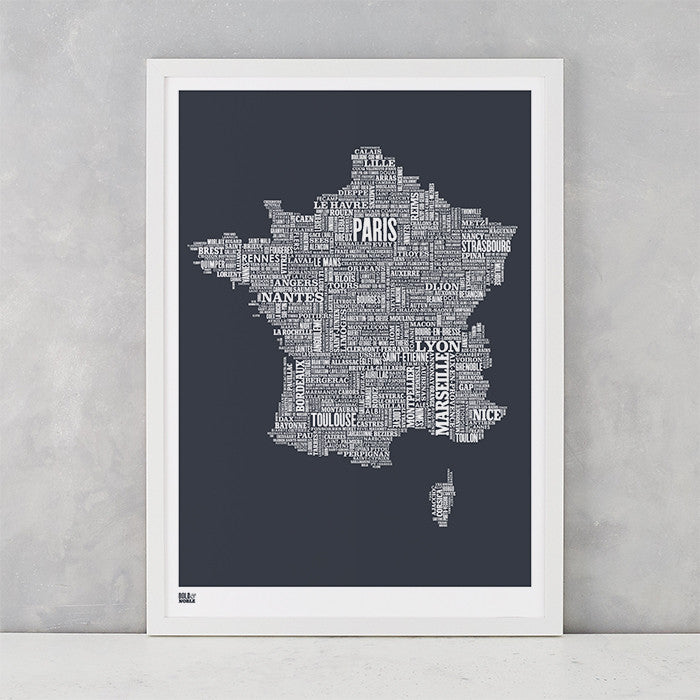France Type Map in Sheer Slate, screen printed on recycled card, delivered worldwide