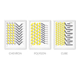 Geometric Set of 3 Wall Art Designs, Printed in the UK, Printed in Yellow and Grey
