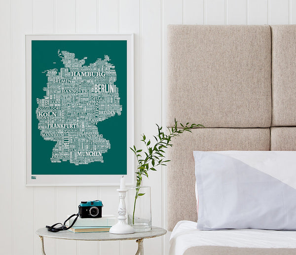 Wordle Germany Map Wall Art Print, Screen Printed Poster in Emerald Green
