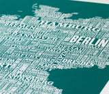 Close up of Germany Type Map in Emerald Green, screen printed poster