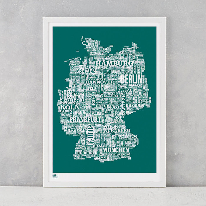 Germany Type Map in Emerald Green, screen printed on recycled card, delivered worldwide