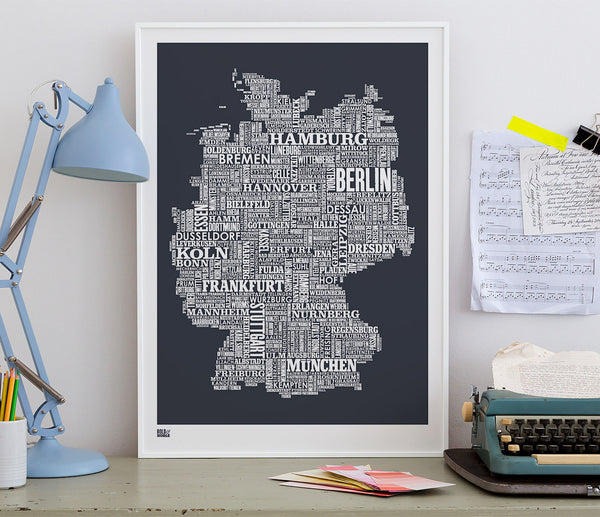 Wordle Germany Map Wall Art Print, Screen Printed Poster in Sheer Slate
