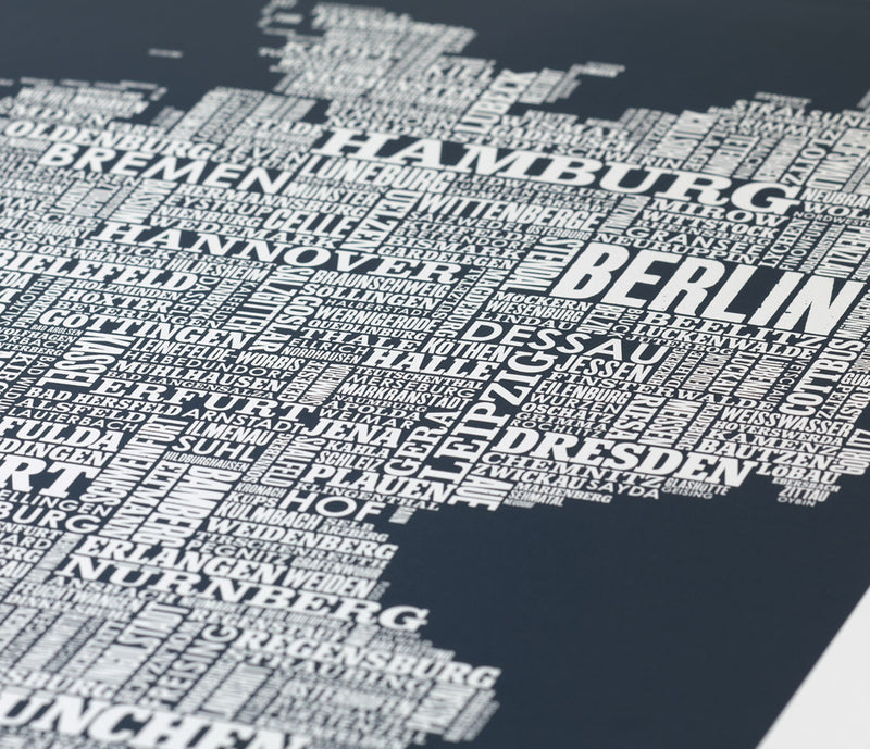 Close up of Germany Type Map in Sheer Slate, screen printed poster