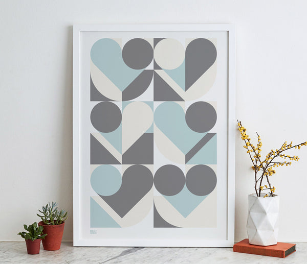 Wall Art ideas: Economical Screen Prints, Geometric Heart design in duck egg and grey
