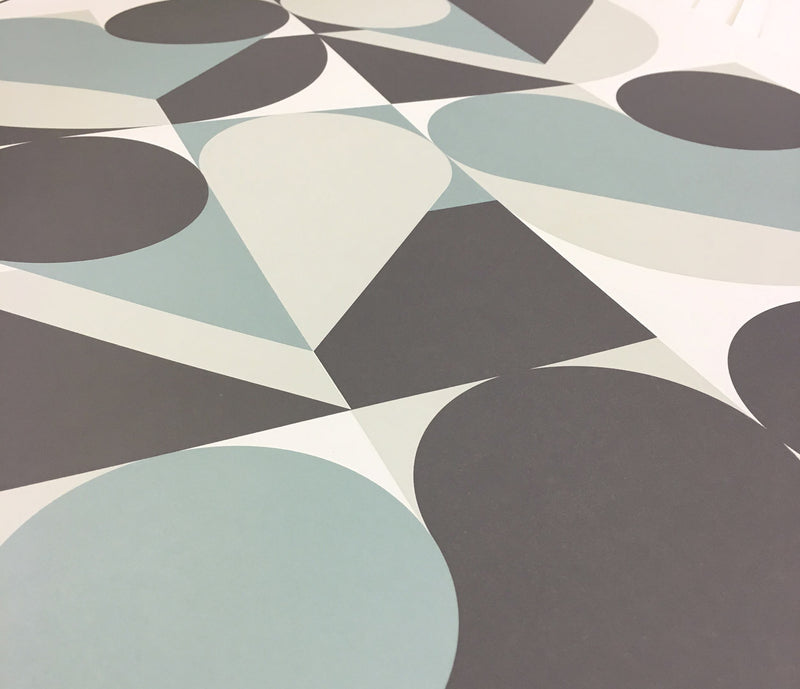 Close up of Geometric Heart screen printed poster in duck egg blue and grey