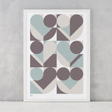 Geometric Heart Shape Print in duck egg blue and grey, screen printed on recycled card, delivered worldwide