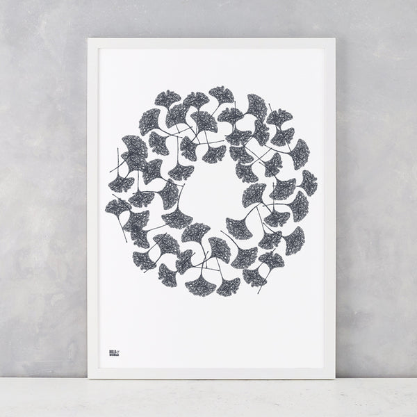 Gingko Leaves in Sheer Slate, screen printed on recycled card, delivered worldwide