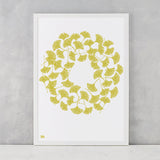 Gingko Leaves in Yellow Moss, screen printed on recycled card, delivered worldwide