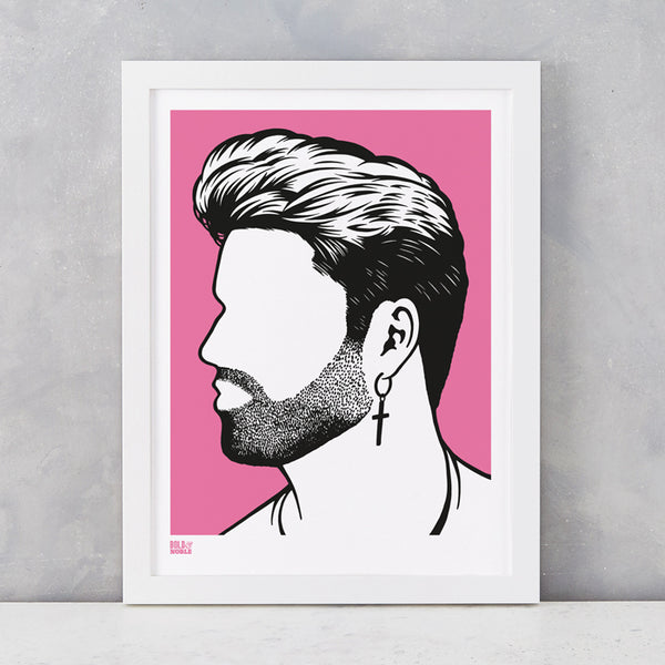 George Michael Print in Pink, screen printed onto recycled card, delivered worldwide