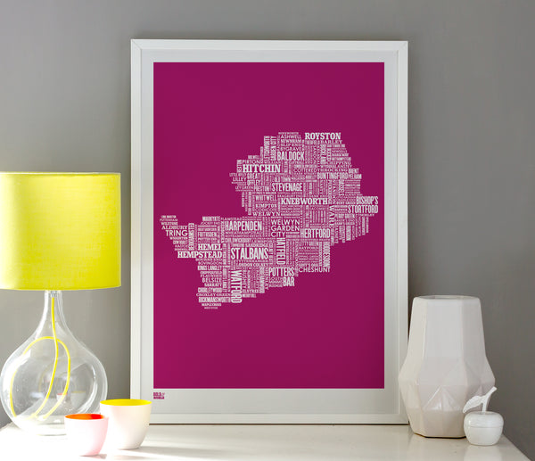 Wall Art ideas: Economical Screen Prints, Hertfordshire Type Map in Magenta Pink