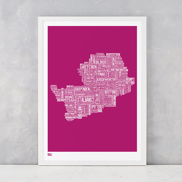 Hertfordshire Type Map in Magenta Pink, screen printed on recycled card, delivered worldwide