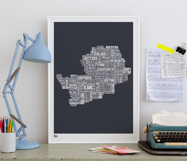 Wall Art ideas: Economical Screen Prints, Hertfordshire Type Map in Sheer Slate