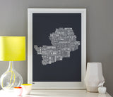 Pictures and Wall Art, Screen Printed Hertfordshire Type Map in Sheer Slate