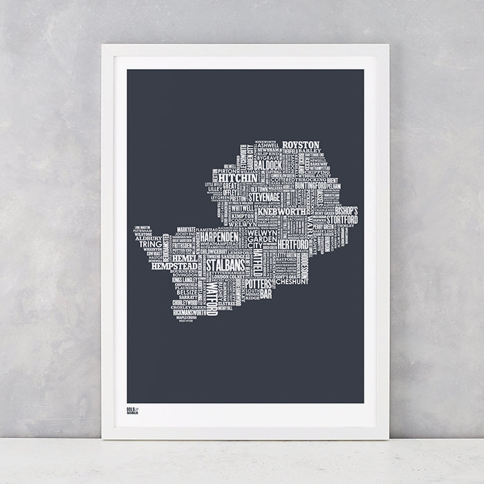 Hertfordshire Type Map in Sheer Slate, screen printed on recycled card, delivered worldwide