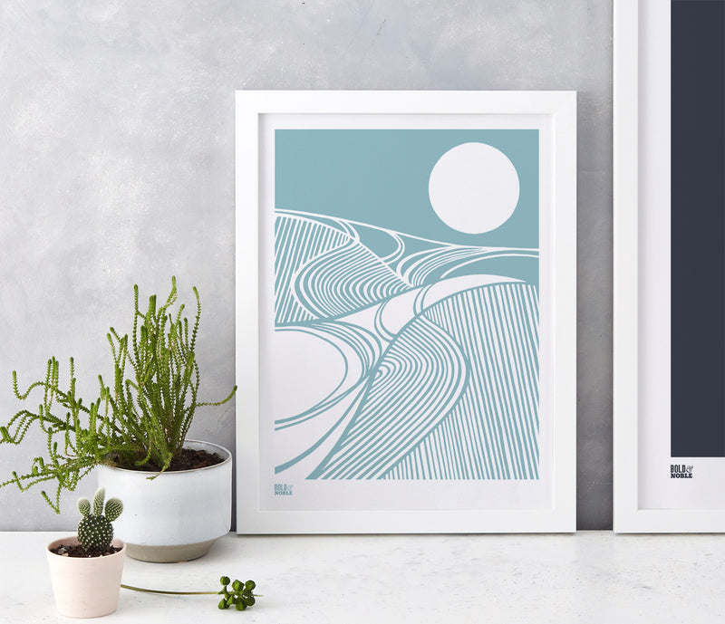Harvest Field Moon Wall Art Print in Blue, Modern Print Designs for the Home